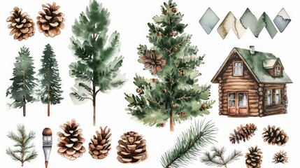 Whimsical Watercolor Treehouse Among Spruce and Fir Forest Generative AI