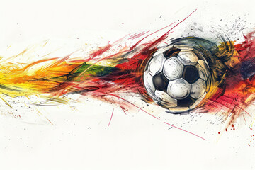Flying soccer ball with the color splashes with the black, red and yellow Germany flag colors isolated on white background. Concept of 2024 UEFA European Football Championship, UEFA Euro 2024.