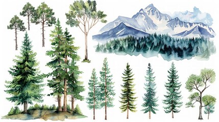 Watercolor Landscape with Various Tree Species and Mountainous Hills Generative AI
