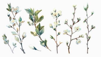 Hand-Painted Spring Tree Branch Set with Buds on White Background Generative AI