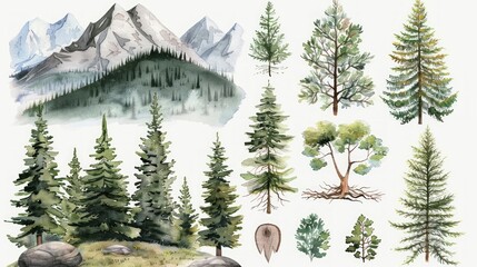Watercolor Landscape with Various Tree Species and Mountainous Hills Generative AI