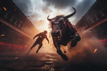 Intense moment of bull charging at matador in traditional arena with vibrant spectators - obrazy, fototapety, plakaty