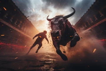 Zelfklevend Fotobehang Intense moment of bull charging at matador in traditional arena with vibrant spectators © Александр Клюйко