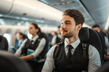 The flight attendant is actively engaged in providing passenger services within the aircraft cabin. They ensure the comfort and safety of passengers throughout the flight.