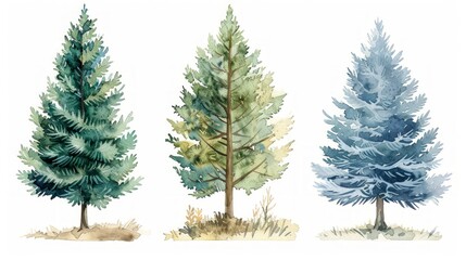 Lush Green Pine and Blue Spruce Watercolor Tree Set Generative AI