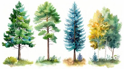 Lush Green Pine and Blue Spruce Watercolor Tree Set Generative AI