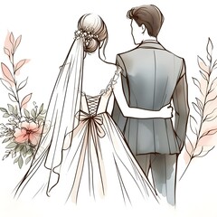 Watercolor illustration of a loving couple of newlyweds bride and groom 