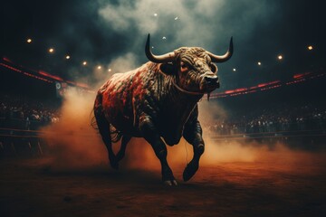 Intense bull charging at matador in vibrant bullfighting arena with energetic spectators - obrazy, fototapety, plakaty