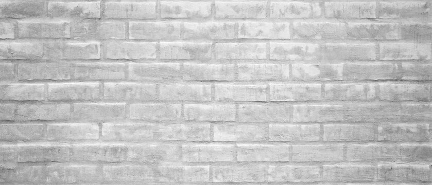 Fototapeta White gray light damaged rustic brick wall brickwork stonework masonry wallpaper, texture background banner panorama, seamless pattern