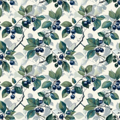 Blueberries and Leaves Painting on White Background