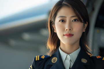 Female aviator. Portrait of a youthful and lovely Japanese or Korean woman dressed in pilot attire.