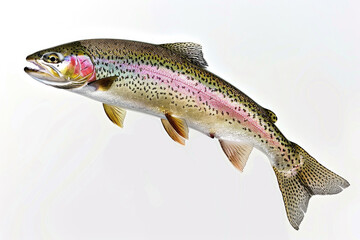 A rainbow trout leaps against a clean white background