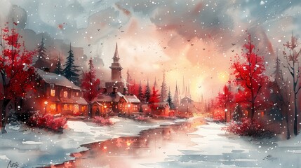 Winter City Celebrations: Watercolor Illustration for Merry Christmas and Happy New Year Generative AI
