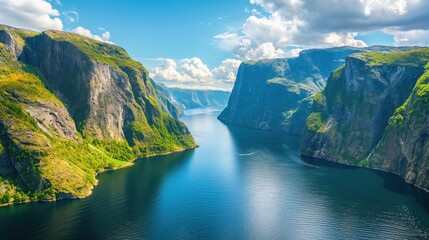 Breathtaking Norwegian fjord landscape, showcasing majestic cliffs and tranquil waters, ideal for travel and nature themes - obrazy, fototapety, plakaty