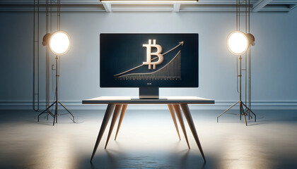 A computer on a table in a studio environment with a bitcoin logo and graphic on the screen