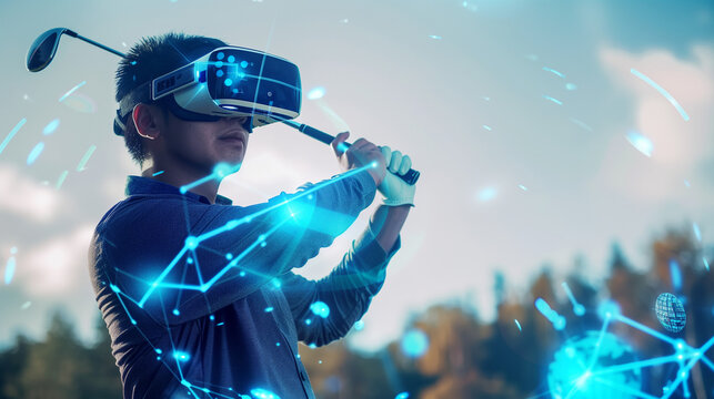 Person Playing Virtual Golf with VR Headset Outdoors