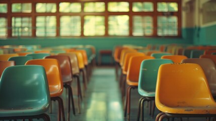  Vintage Classroom with Colorful Chairs and Windows - obrazy, fototapety, plakaty