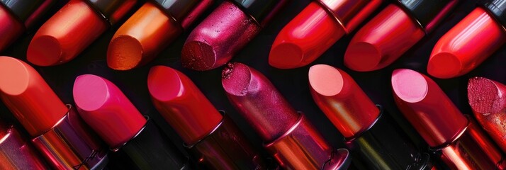 lots of shining multi-colored lipstick, close-up, lip gloss, horizontal banner for makeup, beauty and cosmetology