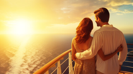 Summer vacation with partner. Couple hug and watch sunset on top of cruise ship at sea
