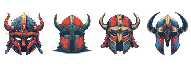 Viking helmet, historical armor, Norse culture clipart vector illustration set