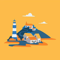 Lighthouse on sea coast on yellow background. © Victoria