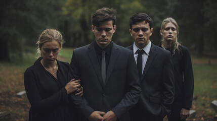 Grief and sorrow after loss. Family mourns at funeral in cemetery - obrazy, fototapety, plakaty