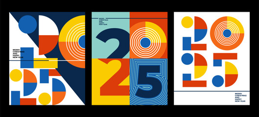 2025 colorful set of Happy New Year posters. Abstract design typography logo 2025 for vector celebration and season decoration, backgrounds, branding, banner, cover, card and or social media template.