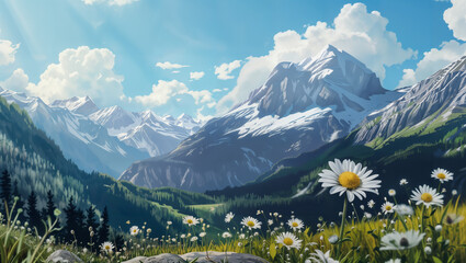 Illustration of a mountain flower standing in a meadow before a majestic mountain range. - obrazy, fototapety, plakaty