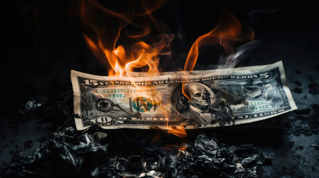 Dollar bill buring and on fire