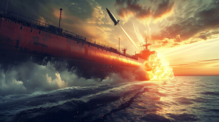 A missile hits a large tanker, causing a fire on the ships. Military operations.