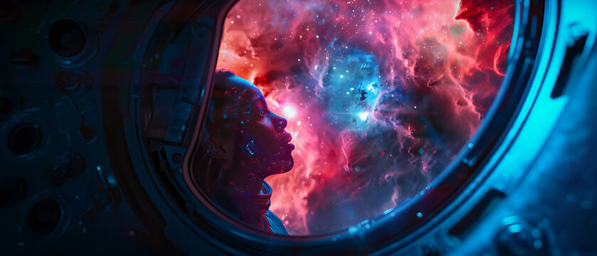 A solitary astronaut gazes out at a vividly colored nebula through the window of a spacecraft, a symbol of exploration and discovery.. Space tourism.