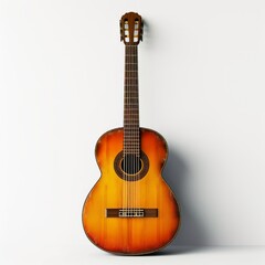 Classic wooden acoustic guitar isolated against a white background, Concept of music, creativity, and classical melody
