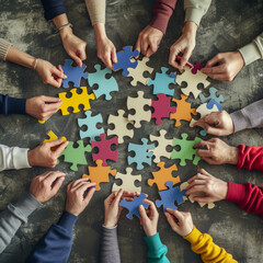 Collaborative effort: Individuals assembling puzzle pieces, hands in close-up, captured from above.