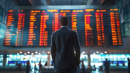 man with a business suit looking at a flight information board in a crowded airport terminal - obrazy, fototapety, plakaty