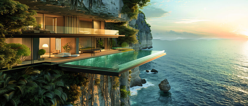 A modern luxury mansion perched on a cliff with a stunning infinity pool overlooking the serene ocean during a picturesque sunset. A perfect vacation home .