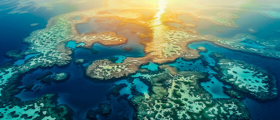 Stunning Aerial View of Sunrise Over Coral Reef with Crystal Clear Blue Waters