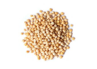 Heap of Organic Dried Yellow Whole Peas. Pulses Variety. Raw Uncooked Legumes Concept. Top View. Isolated on White.