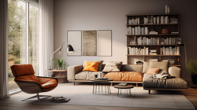 A modern living room with sustainable furniture and a vibrant color scheme