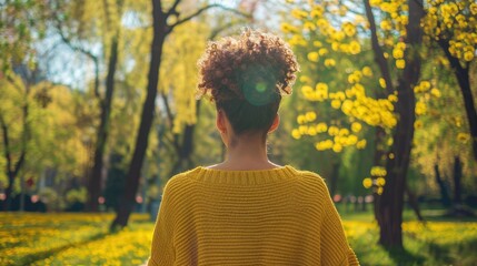 Rear View of a Young Woman Walking in a Park in Spring, She Wears Clothes Made from Organic Materials. Eco Clothing Concept. Generative AI