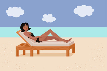 woman relaxing on the beach on a deck chair with a sea and cloudy sky on a background - vector illustration