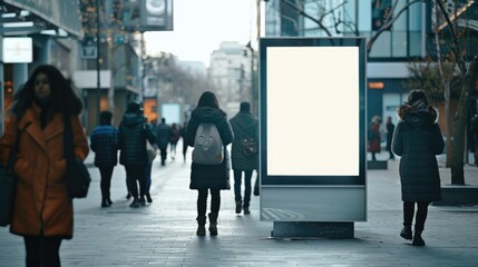 Blank Outdoor Advertising Screen or Sign on a Street Busy with People Walking - Offers, Advertising, Announcements, Services. Blank Screen with Copy Space. Generative AI