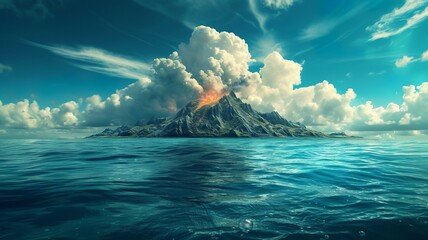 artificial intelligence image of a volcano in the middle of the water, a wonderful sight, huge, but very dangerous - obrazy, fototapety, plakaty