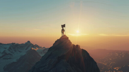 A figure stands on the summit of a mountain with a flag, silhouetted against the sunrise, symbolizing achievement and adventure.