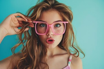 Fototapeta premium Beautiful young woman in pink sunglasses over the blue background