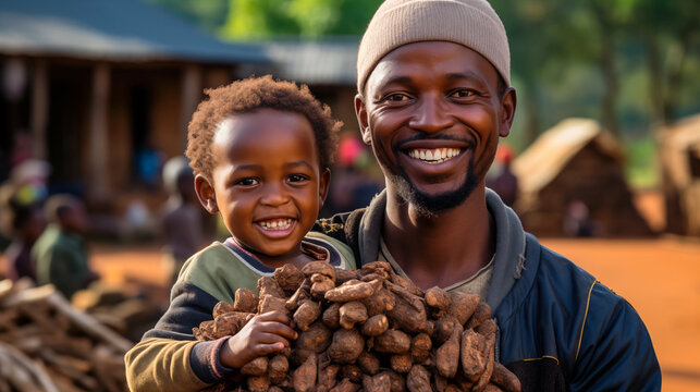 portrait of a african dad and children holding harvest in a tribe