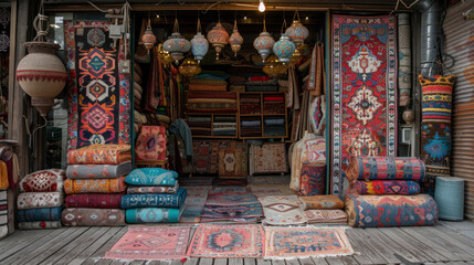  venditore di tappeti che mostra i suoi prodotti artigianali al mercato del Medio Oriente  - obrazy, fototapety, plakaty