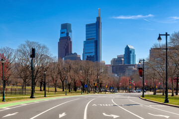 Philadelphia city street in downtown in spring sunny day, Philadelphia, Pennsylvania.	 - 750130803