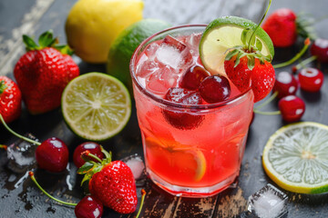 Strawberry cherry limeade - strawberry, maraschino cherry, lime and lemon - obrazy, fototapety, plakaty