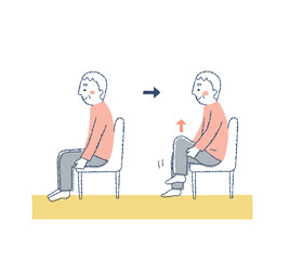 椅子に座って腿の上げ下げ運動をするシニア男性