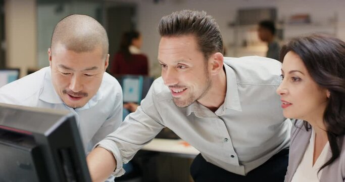 Businesspeople, computer and discussion on project in office, feedback and review on digital report. Colleagues, diversity and cooperation on tech, communication and manager collaboration on plan